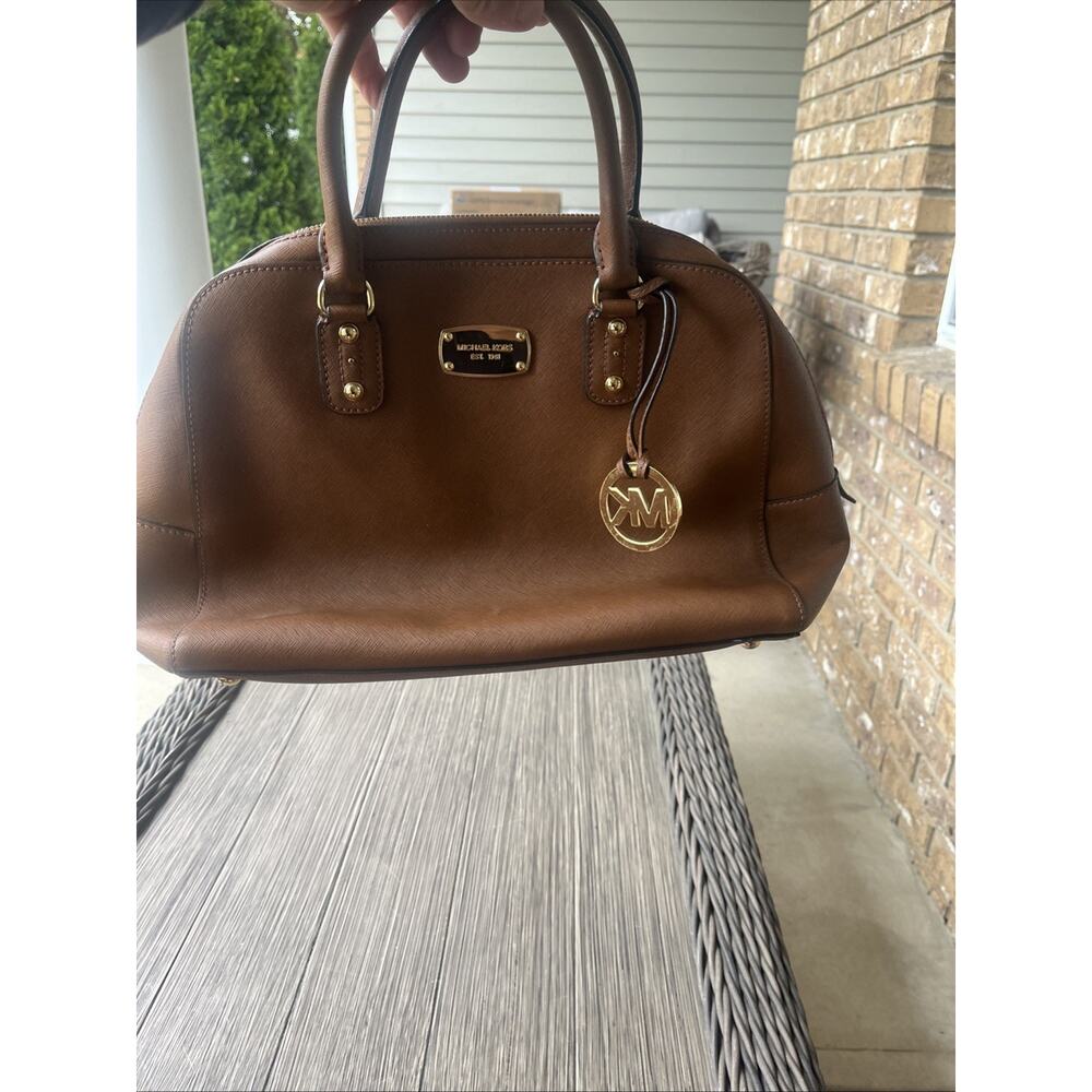 MICHAEL KORS Sandrine Saffiano Satchel Purse Tan Zipper Crossbody Hand Bag - Picture 5 of 14